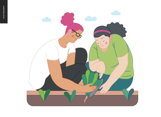 Gardening people, spring - modern flat vector concept illustration of two young women sitting on the ground in squatting position planting a plant into the soil with a scoop. Spring gardening concept