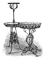 Antique vintage line art illustration, engraving or drawing of ornamental beautiful cast iron plant stands or tables . From book Plants in Room, Prague, 1898.