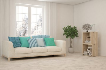 Stylish room in white color with sofa and winter landscape in window. Scandinavian interior design. 3D illustration