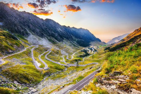 View of Transfagarash highway and valley in mountains of Romania