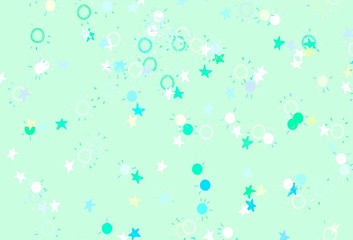 Light Blue, Green vector backdrop with bright stars, suns.