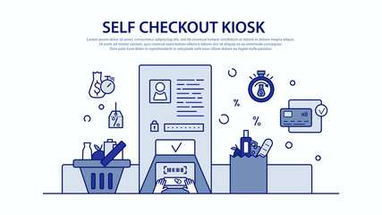 Vector colorful instruction for self checkout kiosk at the grocery shop. Describing the necessary actions scan, pack, and pay. Illustration flat thin line design, infographics elements. EPS 10