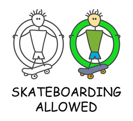 Funny vector stick man with a skateboard in children's style. Allowed freestyle sign green. Not forbidden symbol. Sticker or icon for area places. Isolated on white background.