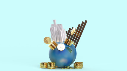 Naklejka premium building on earth coins and chart 3d rendering for business content..
