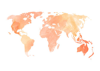 Orange World map illustration Watercolor stains texture