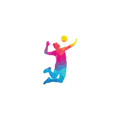 Obraz na płótnie Canvas volleyball player logo.Abstract volleyball player jumping from a splash. Volleyball player serving ball.