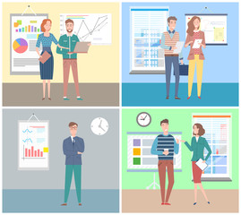 Meeting and conference of working people vector, man and woman with laptop and charts showing analyzed information to audience, male and female flat style