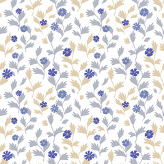 Seamless vector floral hand drawn pattern. Leaf and cornflowers, background, pastel colours for scrapbooking, textile
