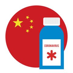 Coronavirus drug bottle with chinese flag. Coronavirus pill.