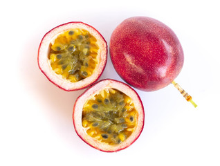 Close up top view, Fresh passion fruit slice on white background, food healthy concept