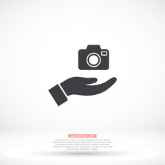 Camera in hand icon , lorem ipsum Flat design