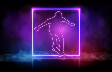 abstract background of man playing skateboard with neon frame