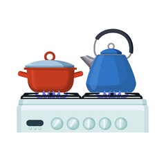 Gas stove with pan and kittle. Home kitchen food cooking vector illustration.