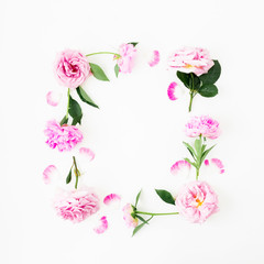 Fototapeta na wymiar Floral frame of pink flowers on white background. Flat lay, top view. Spring time composition
