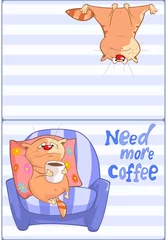 Gardinen Vektor-Illustration einer niedlichen Katze und offee Сup. Postkarte © liusa