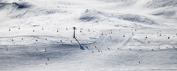 aerial view of ski slopes in the Swiss Alps