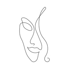 Sketch of a woman's face drawn by hand in a continuous line. Isolated vector illustration.