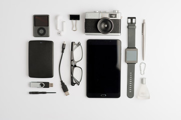 set objects fashion man, top view player, hard drive, screwdriver, cable, glasses, data pen, click,...