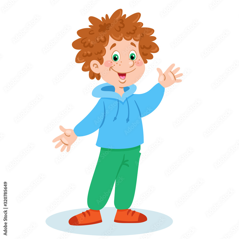 Canvas Prints Funny little boy stands and waves his hand. In cartoon style. Isolated on white background. Vector illustration.