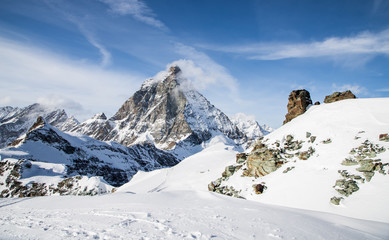 view of Matterhorn peak against blue sky Swiss Alps