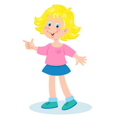 Сute little girl stands and greets us. In cartoon style. Isolated on white background. Vector illustration.