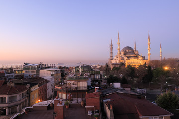 Istanbul, Turkey - Jan 11, 2020: Night top view over Sultan Ahmed Mosque or Blue Mosque,...