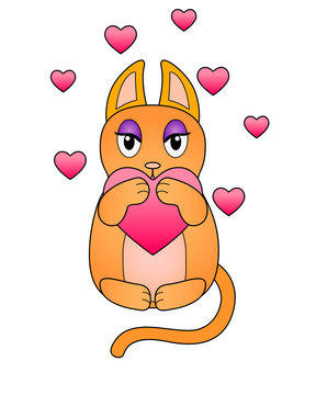 Cat in love - vector full color picture for Valentine's Day. Cute red lady-cat surrounded by hearts. Kawaii cat in love hugs a pink heart. Orange young kitty dreams of love. Kitties.