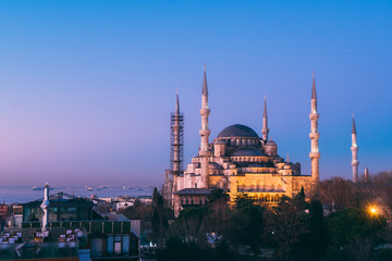 Fototapeta na wymiar Istanbul, Turkey - Jan 11, 2020: Night top view over Sultan Ahmed Mosque or Blue Mosque, Sultanahmet, Istanbul, Turkey
