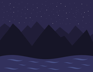 Night landscape of mountains, river and starry sky.