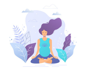 Pregnant woman practicing yoga and meditation vector illustration