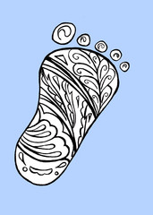 Human foot print. Doodle and zentangle style. Child baby foot Isolated on blue background. line art illustration for coloring book page. Hand drawn outline icon.