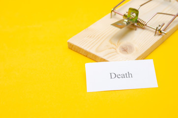 mousetrap with a piece of paper and the inscription Death on a yellow background with a copy space. concept or idea