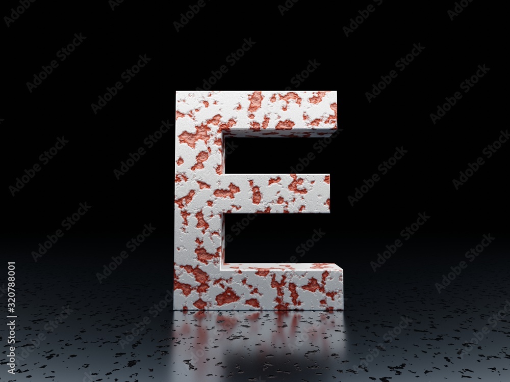 Poster letter e, rusty alphabet symbol font series on black background 3d render