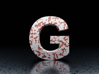 Letter G, rusty alphabet symbol font series on black background 3D render