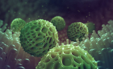 Viral infection. Allergy. Allergic reaction. Mucosal irritation. Pollen, dust 3D illustration. Immune defense