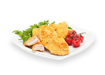 Delicious Crispy Chicken Fillet in batter with cherry tomato
