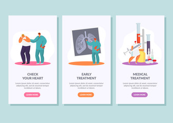 Fototapeta na wymiar Medical treatment, early healthcare check, diagnosis vector illustration horizontal smartphone banners set. Doctors with syringe, tablets, test tubes and lungs x ray. Cardiologist listens to patient.