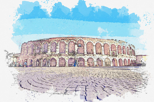 Watercolor drawing painting of The Colosseum Verona Arena famous landmark at Verona Italy.