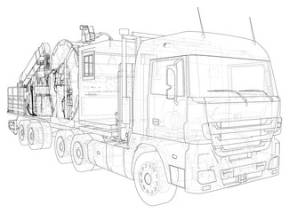 Coiled tubing Truck unit machine. The layers of visible and invisible lines are separated. EPS10 format. Wire-frame.