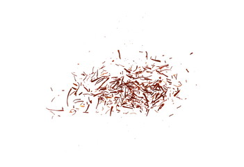 Heap of saffron threads isolated on white. saffron pistil on white. Saffron spice threads.