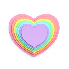 Abstract rainbow layer hearts on white background for product display stand or used in other designs 3d rendering. 3d illustration template Valentines Day greeting card template minimal concept.