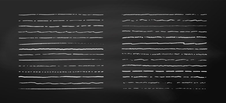 Set of chalk lines on chalkboard background. Hand drawn vector borders. Vintage doodle underlines. Cartoon pattern element. Grunge frame set.