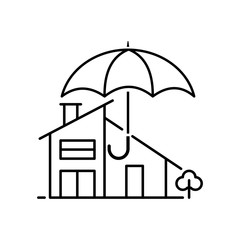 House and umbrella icon. Concept of house insurance. Outline thin line flat illustration. Isolated. 
