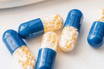 Drugs for treatment medication. Pharmaceutical medicament, Pharmacy theme, capsule pills with...