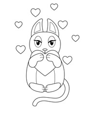 Loving cat - vector linear image to the day of lovers. Cute dreamy kitty surrounded by hearts. Kawaii cat in love hugs a heart. Young kitty dreams of love vector illustration for coloring. Outline.