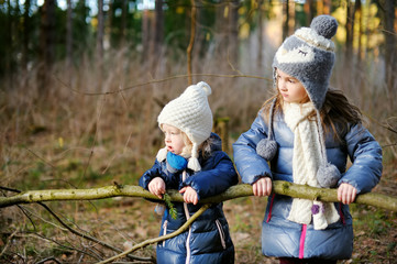 Cute little girls having fun during forest hike on beautiful spring day. Children exploring wild nature.