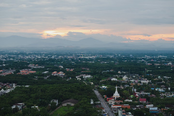 Evening city Hat Yai from Khao Kho Hong view Hat Yai, Songkhla. with grain.Image contain certain grain or noise and soft focus.