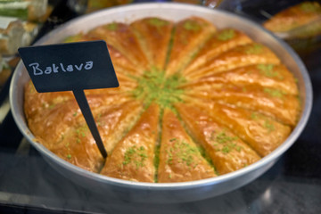Sliced turkish baklava at cafe display counter