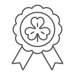 Rosette award clover medal thin line icon, st patrick's day and holiday, luck clover sign, vector graphics, a linear pattern on a white background, eps 10.