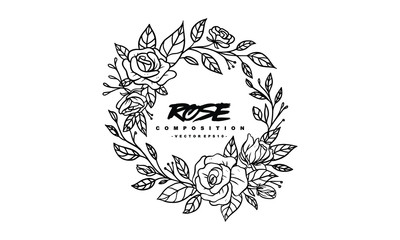 rose composition Arrangement for wedding invitation design, plants and flowers for elegant lettering frame, hand drawn vector illustration for romantic and vintage design